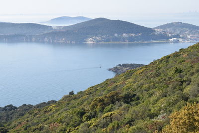 Scenic view of sea and mountains against sky