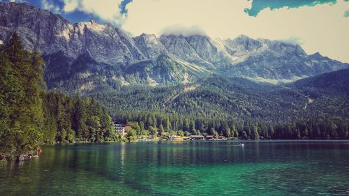 Scenic view of lake and mountains