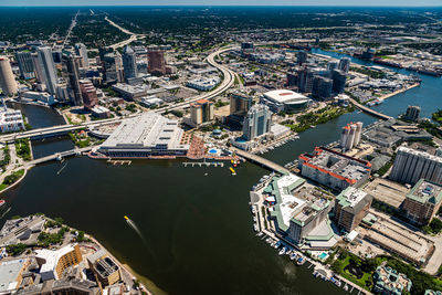 High angle view of river amidst buildings in city