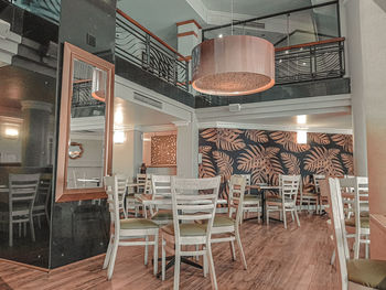 Empty chairs and tables in restaurant