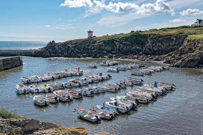 High angle view of boats moored in sea