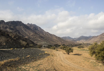 Dirt road leading towards mountains against sky