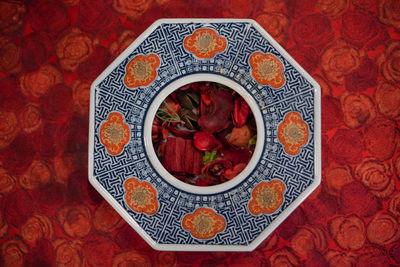 High angle view of fruits in plate on table