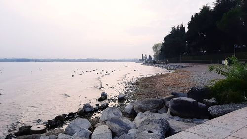 Rocks on beach against sky during sunset