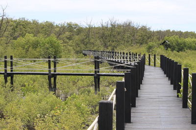 Wooden footbridge on field against sky