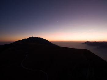 Scenic view of silhouette mountain against sky during sunset