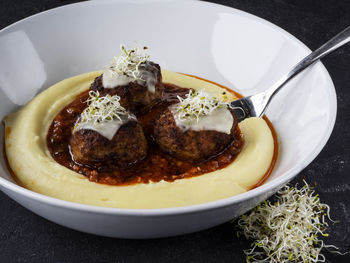 High angle view of meal served in bowl