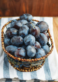 High angle view of blueberries in basket on table