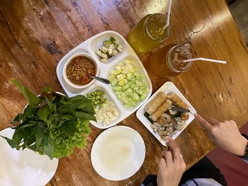 High angle view of food served on table