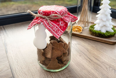 Close-up of christmas decorations on table