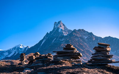 Scenic view of snowcapped mountains against clear blue sky