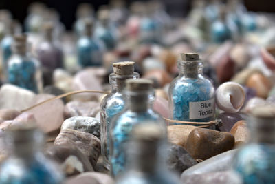 Close-up of wine bottles