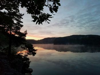 Scenic view of lake against sky at sunset