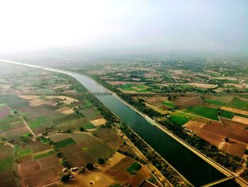 High angle view of agricultural field against sky