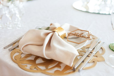 High angle view of cake in plate on table