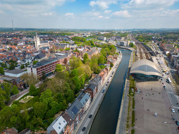 High angle view of cityscape against sky