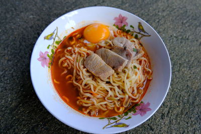 High angle view of breakfast served on table