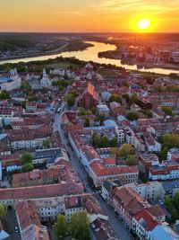 High angle view of townscape against sky during sunset