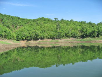 Scenic view of lake against sky with reflection in water.