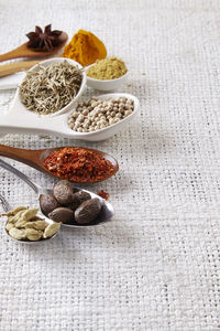 Directly above shot of spices in spoon on table