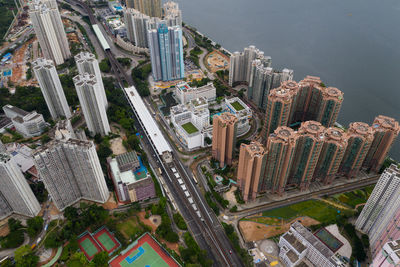 High angle view of buildings in city