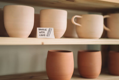 Handmade clay pottery on the display