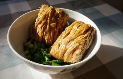 High angle view of food in bowl on table