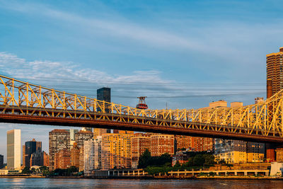 Bridge over river against buildings in city