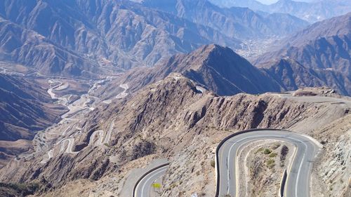 High angle view of landscape against mountains