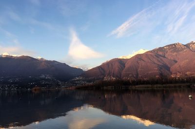 Scenic view of lake by mountains against sky