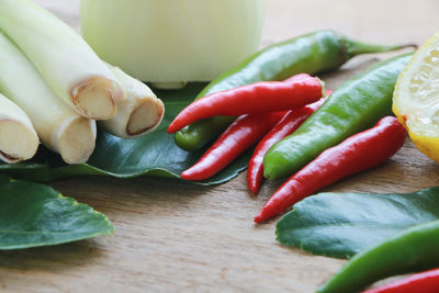 Close-up of chili peppers on table