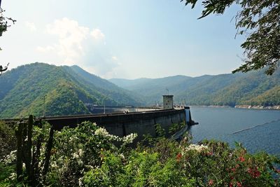 Scenic view of river by mountains against sky