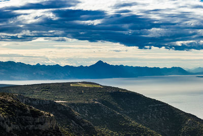 Scenic view of landscape and sea against sky