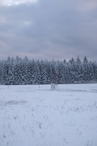 Scenic view of snow covered field against sky