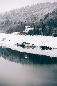 Scenic view of lake against sky during winter