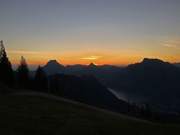 Scenic view of silhouette mountains against sky during sunset