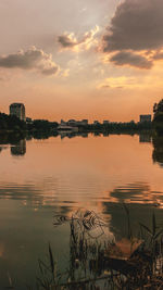 Scenic view of lake against sky during sunset