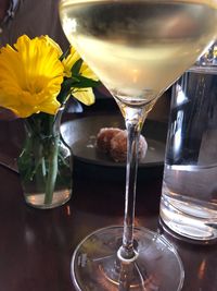 Close-up of beer glass on table