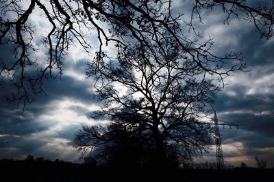 Low angle view of bare trees against cloudy sky