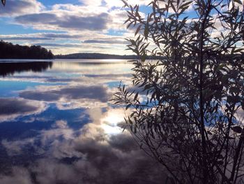 Scenic view of lake against cloudy sky
