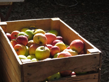 High angle view of apples in box