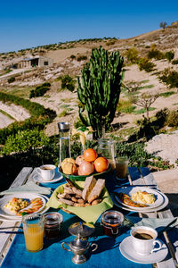 High angle view of breakfast served on table