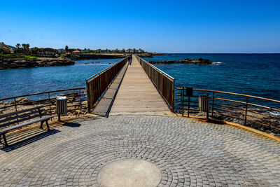 Scenic view of sea against clear blue sky