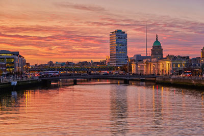 Bridge over river with buildings in background at sunset