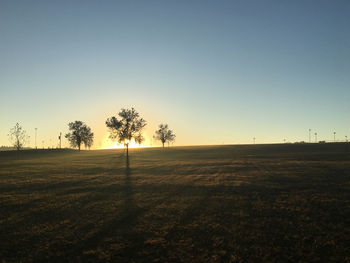 Scenic view of field against clear sky at sunset