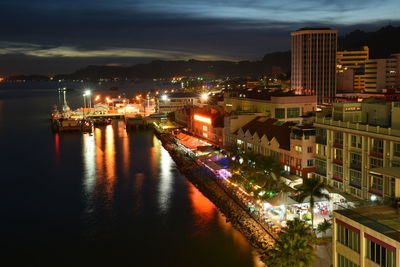 River amidst illuminated buildings in city at night