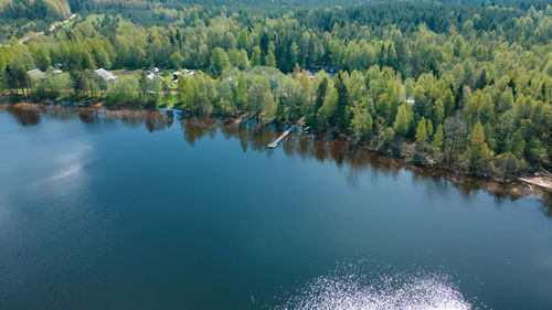 A beautiful scenery, a lake, a forest, a small village from a bird's eye view. ideal for fishing.