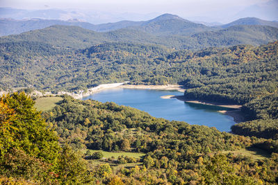 High angle view of trees and mountains