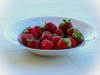 High angle view of strawberries in bowl