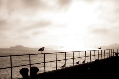 Silhouette people by sea against sky